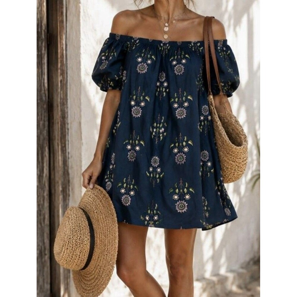 Old Navy Blue and Floral Print Off Shoulder Boho Peasant Pockets Dress Size XL